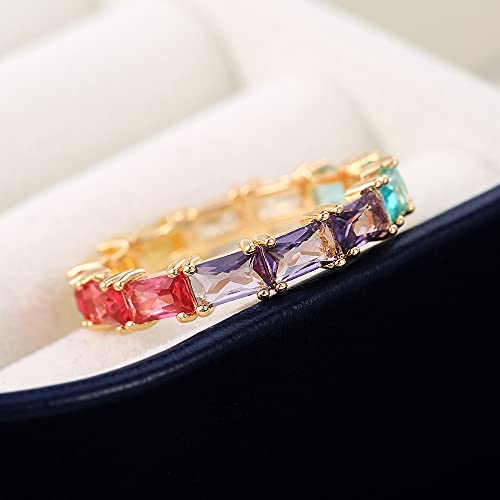 14K Gold Plated Rainbow Baguette Cubic Zirconia Ring Multicolor Square Crystal Eternity Finger Ring for Women Anniversary Birthday Jewelry Gift Size 6-104