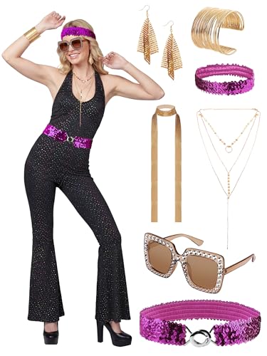 COSWEARX Women's 70s Disco Jumpsuit Costumes Fashion Disco Accessories for Halloween Necklace Earrings Bracelet Glasses Belt