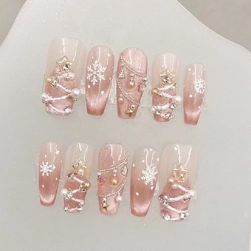 10Pcs Pink Christmas Press on Nails Long Square Fake Nails Xmas Snowflake Stick on Nail Winter Christmas Tree False Nails 3D Pearl Star Design Nude Pink Glitter Acrylic Nail for Women Manicure Decor