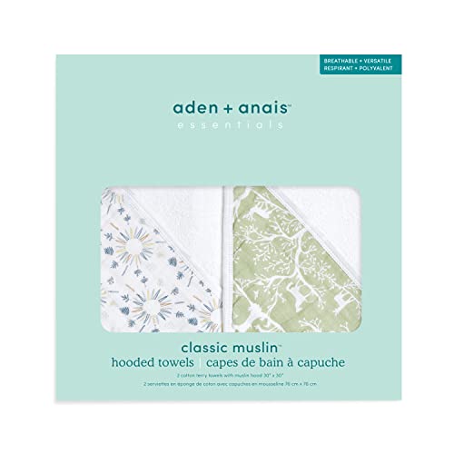 Image of aden + anais Essentials Hooded Baby Bath Towel, Super Soft 100% Cotton, 2 Pack, Harmony