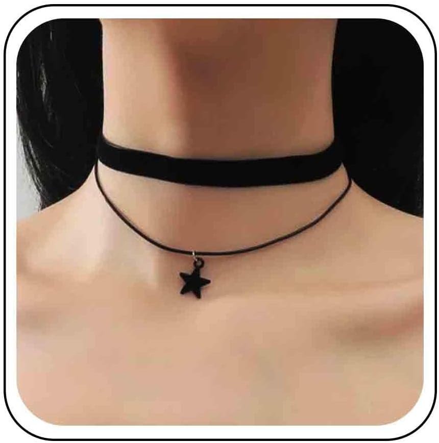 Vintage Layered Black Velvet Choker Necklace Star Pendant Necklace Black Star Choker Necklace Short Black Leather Necklace Boho Suede Leather Choker Necklace for Women