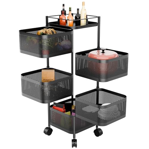 Huhote Carrello Girevole A 5 Livelli, Rettangolare, Frutta Con Ruote, Scaffale Per Verdure Con Ruote, Carrello Quadrato Da Cucina, Carrello Per