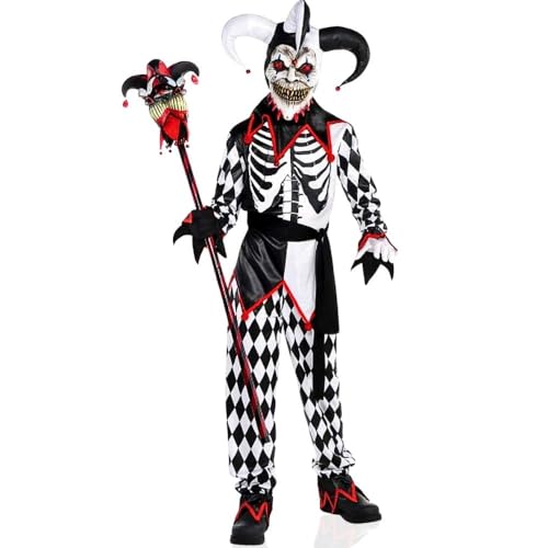 Kids Black & White Sinister Jester Costume Set - Large (12-14) 1 Set - Haunting Party Wear Perfect for Halloween and Themed Party Fun