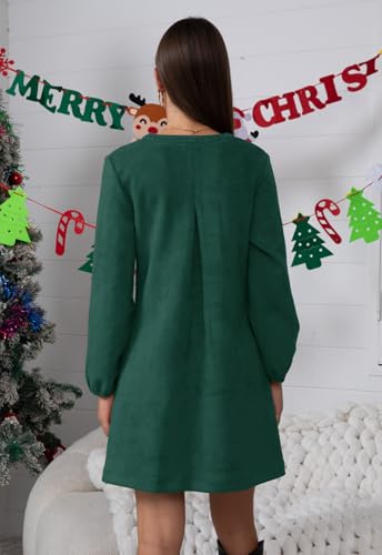 Image of Jayscreate Women's 2025 A-line Suede Dress Pocket Mini V Neck Elegant Long Sleeve Spring Fall Winter Short Dress