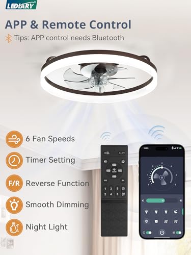 Image of LEDIARY Ceiling Fans with Lights, 20 inch Low Profile Flush Mount Ceiling Fan, Dimmable LED, APP & Remote Control, Quiet Reversible DC Motor, 6 Speeds, Fandelier for Bedroom, Brown