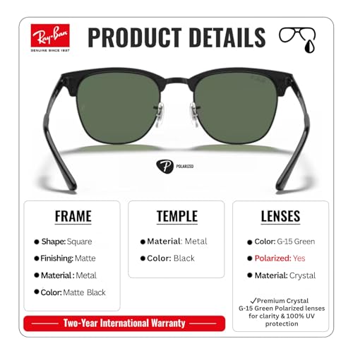 Image of Ray-Ban RB3716 CLUBMASTER METAL Square Shaped Sunglasses for Men & Women with Official RAYBAN Eyewear Kit
