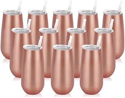 12 Pack Stemless Champagne Tumblers, 6 Oz Champagne Insulated Tumblers, Double Insulated Champagne Flute Tumblers, Unbreakable Champagne Glasses for Friends Birthday Christmas Wedding (Rose Gold)