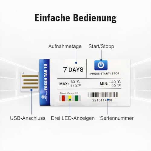 Freshliance Temperatur Datenlogger 2 Stücke, -40°C ~ 60°C Einweg-Temperaturlogger mit PDF/CSV-Bericht, 30000 daten hohe Genauigkeit 7 Tage für Kühltkettetransport, Fresh Tag 1U