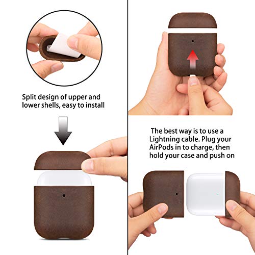Airpods Leather Case Cover, Maogoam Genuine Vintage Oil Wax Crazy Horse Cowhide Leather Case For Airpods 1&2 Generation, Indiana Jones Style, Handcrafted Fully, (Dark Brown) #TOP3