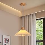 Riserva Lampadario a Sospensione Vintage Legno, E27 Lampadario da Soffitto Bianco in Tessu...