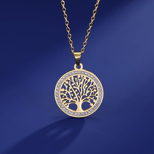 Dreamtimes Tree of Life Necklace for Women Stainless Steel Gold Color Clear Zircon Round Pendant Neck Chains Family Tree Fashion Charm Luxury Jewelry Wedding Gift2