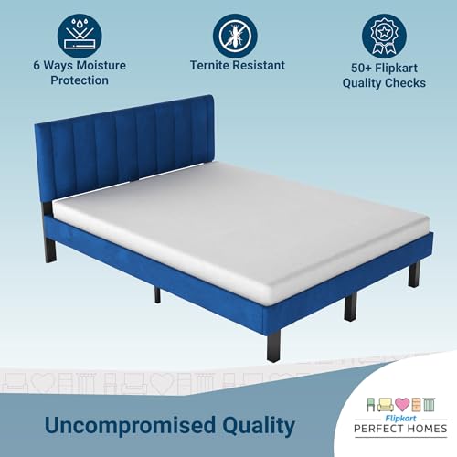 Image of Wooden Modern Upholstered King Size Bed for Bedroom | Wooden Double Bed Without Storage | Platform Cot Upholstered Bed with Upholstery Fabric | Engineered Wood | 6.5 x 6 Ft | Blue-A