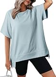 Dokotoo Womens Summer Tops Casual Crewneck T-Shirts Loose Fit Solid Color Short Sleeve Top Oversized T Shirts for Women Lightweight High Low Tee Shirts for Women Fashion Clothes 2025 Blue Large