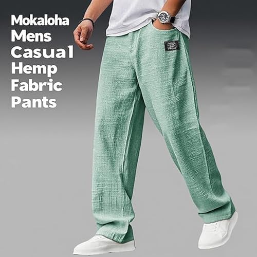 Mokaloha Mens Pants, Mokaloha Pants for Men Casual Hemp Embroidered Logo Drawstring Loose Elastic Waist Pocket3