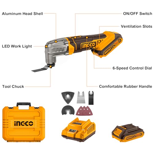 INGCO Cordless Multi Tool with 1pcs 2.0Ah Battery and Charger, 5000-20000 RPM, 6 Variable Speed,3.2° Oscillation Angle, 20V Oscillating Multi-Tool for Sawing, Cutting, Sanding CMLI20228 - Image 3