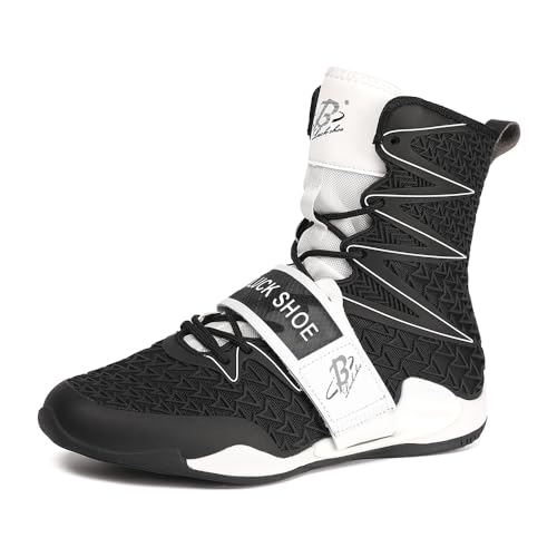 Scarpe da boxe da uomo, scarpe da ginnastica alte da combattimento, sport, allenamento, LS308, Nero e bianco, 39 1/3 EU