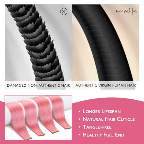 Image of WENNALIFE Tape in Hair Extensions, Human Hair Peach Pink, 10pcs 20g 10 inch Remy Invisible Tape, Straight Colored Soft Real Human Hair Refill Set