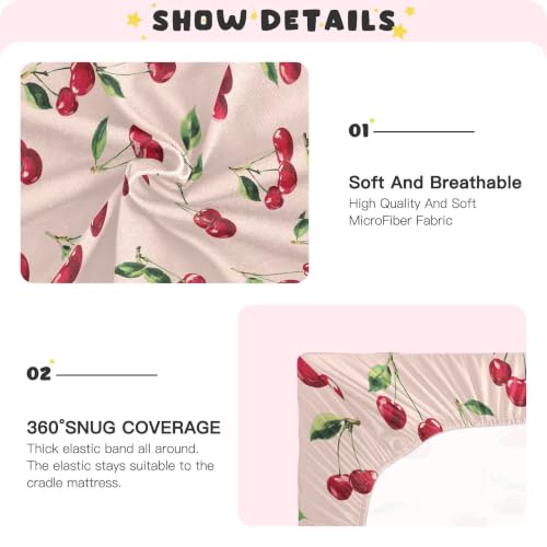 Image of Cute Cherry Pattern Crib Sheets Soft Breathable Fitted Baby Crib Sheets Mattress Cover for Girls Boys, 52 inch x 28 inch x 9 inch