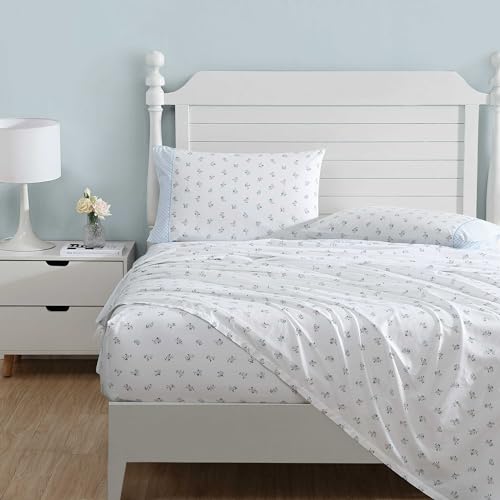 Image of Laura Ashley - Twin Size Sheet Set, Crisp & Lightweight Cotton Percale Bedding with Fitted Sheet and Pillowcase, Floral Room Decor, Deep Pocket, College Dorm Room Essentials (Harperette Blue)