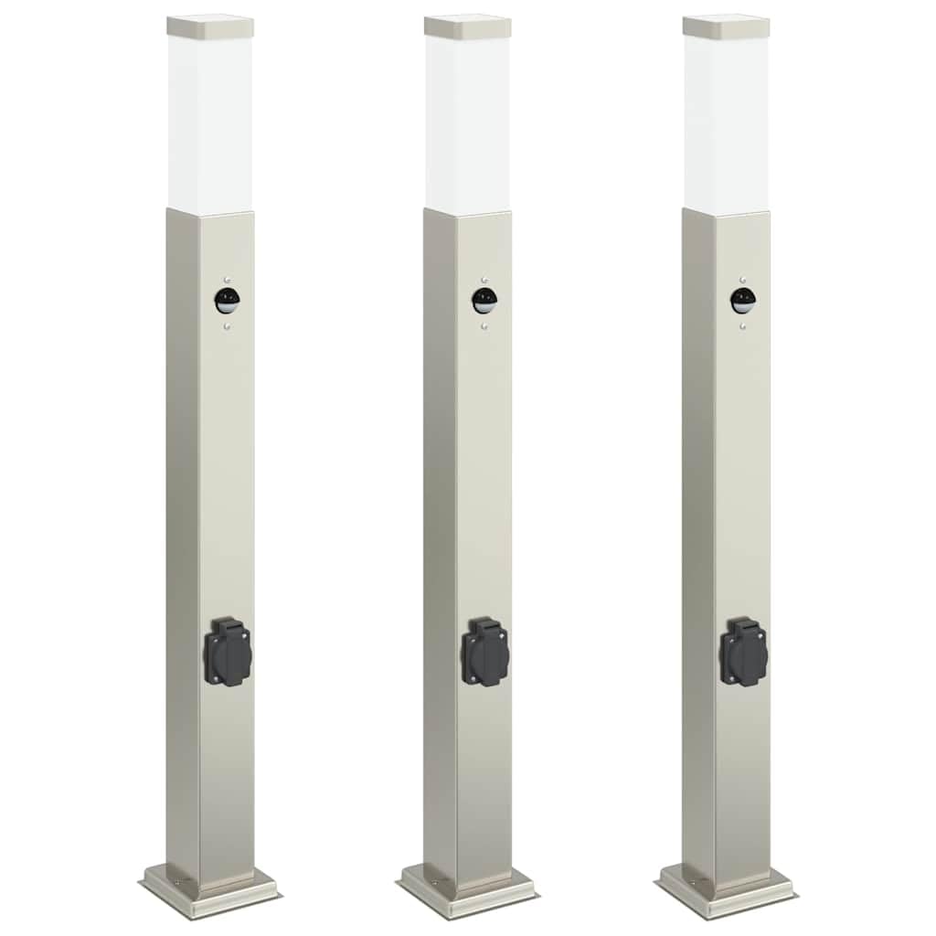 3 lampade a colonna da 80 cm, in acciaio inox, con sensore di movimento PIR e presa integrata IP44, per giardino, terrazza, vialetto, design moderno