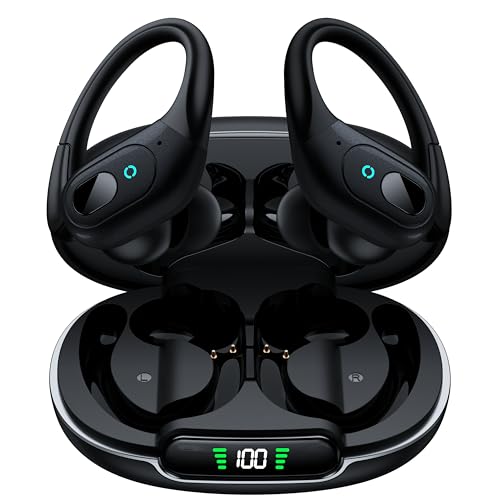 occiam Active Noise Cancelling Ear Buds Bluetooth Headphones Wireless Earbuds 90Hrs Playback Stereo Bass Earphones with Over-Ear Hooks IPX7 Waterproof Earbud for Sports Running Gym Workout Deep Black