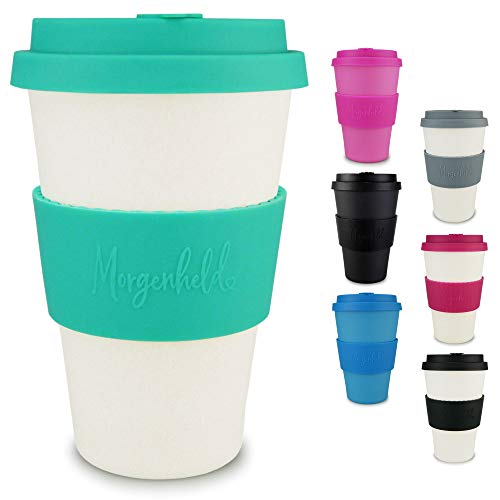 Morgenheld Ton gobelet tendance en bambou | tasse de café à emporter | gobelet de café avec couverle refermable et banderole en silicone, 400 ml - Natural Turquoise