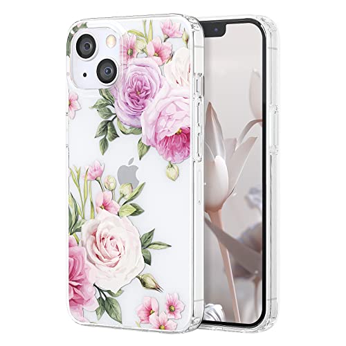 zelaxy Coque Transparent Frais Compatible avec iPhone 13 2021 Étui Arrière Clair Rigide Antichoc Légère avec Bords Silicone Ne Jaunit Pas PC TPU -Pivoine Cover