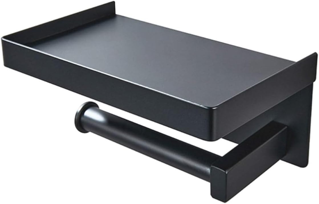 VALICLUD Multi-Functional Wall-Mounted Stainless Steel Toilet Paper Holder with Storage Shelf, Black Matte Bathroom Roll Paper Rack with Phone Stand for Home and Hotel