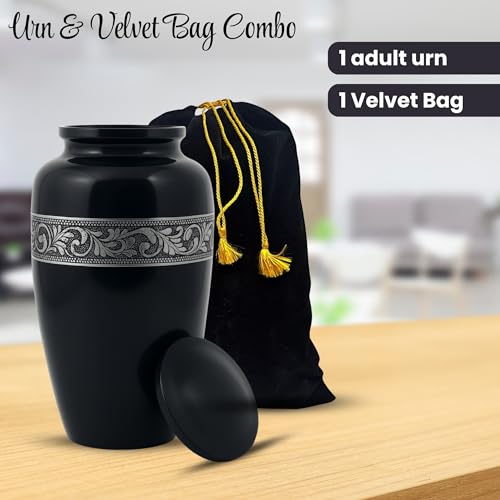 Image of Silver Engraved Aluminium Cremation Urn for Human Ashes Adult - Handcrafted Funeral Memorial Ash Storage Urn - Bag Included (Black, 6.5 inch x 6.5 inch x 10.5 inch - 200lbs or 91kg)