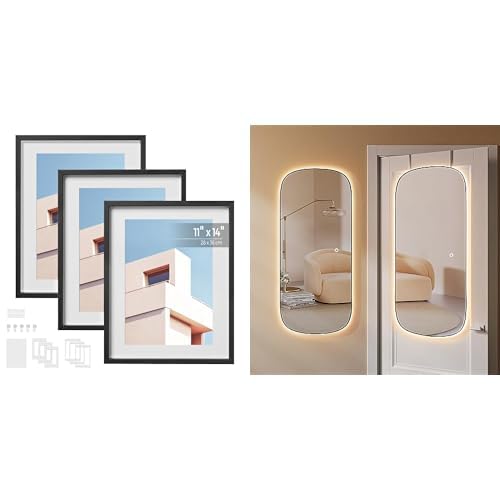SONGMICS 11x14 Picture Frames Set of 3, LED Mirror, Arched Wall Mirror Full Length, URPF063B01 and ULFM011B01