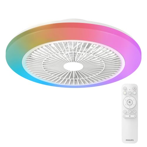 PHILIPS Amigo Ventilateur Plafond LED, Pales Incurvées, Boîtier Double Anneau, Diamètre 48 cm, 4400 Lumens, Lumière Couleurs et Blanc Réglable 2700 à 6500 K, 6 Vitesses, Télécommande Incluse, Blanc