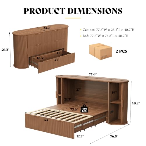 Image of AMERLIFE Full Murphy Bed with Storage Bedside Shelves & Sliding Tambour Door, Modern Cabinet Bed with Charging Station & Curved Fluted Design for Bedroom /Guest /Home Office, Brown