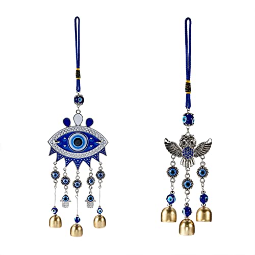2 Pcs Evil Eyes Wind Chime Zinc Alloy Glass Rhinestone Wall Pediments Wind Chimes with Evil Eye Resin Beads Handcraft Hanging for Home Car Patio Kitchen Garden Office Decoration