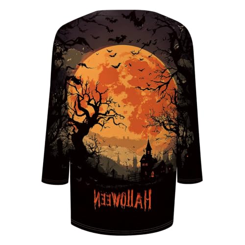 Image of Women Spooky Halloween Graphic Shirt 3 /4 Length Sleeve Crewneck Top | Halloween Funny Printed Pumpkin Plus Size Tshirts 2026 Fall Outfits Skeleton Tee Going Out Tops