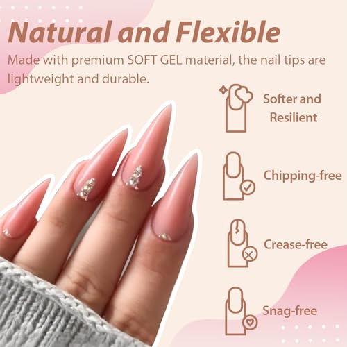 UNA GELLA Long Stiletto Gel Nail Tips Full Cover 504PCS Pre-shape Long Stiletto Almond Fake Clear Nails Tips No Need File Gel Tip No C Curve for Nail Extension DIY Art Salon 12 Sizes