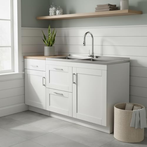 Image of SIMPLIHOME Modern Wide Shaker 46 inch Wide Stainless Steel Sink Laundry Cabinet
