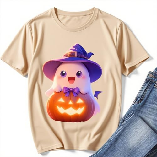 IRUD Halloween Shirts for Women - Pumpkin Ghost Wizard Hat Pattern Round Neck Short Sleeve - image 4
