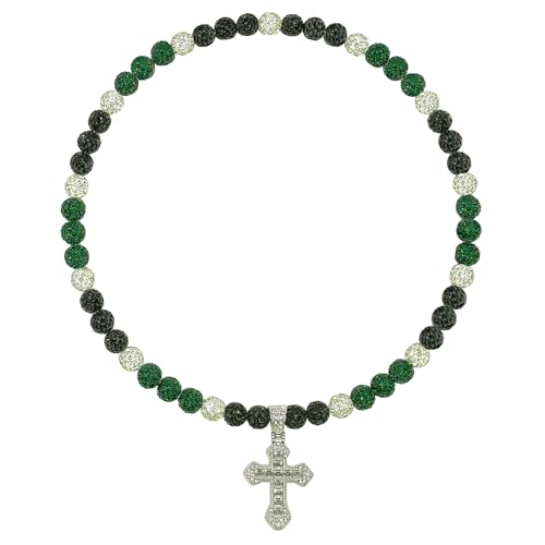 NUSTTAL Baseball Necklace for Men 20 Inch Bling Ice Collection Cross Pendant Necklace for Women Rhinestone Clay Beaded Discoball Accessories Gifts for Baseball Team Players Lovers-Black/Dark Green/White