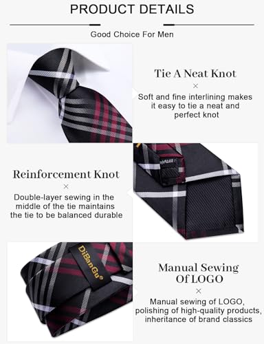 Image of DiBanGu Plaid Ties for Men Silk Checkered Necktie and Pocket Square Cufflinks Tie Clip Set with Gift Box for Wedding Business