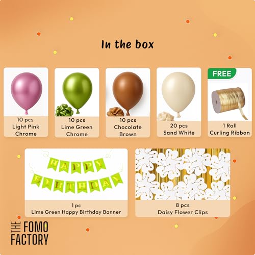 Image of The FOMO Factory 8 Pcs Flower Balloon Clips + 50 Chrome Metallic Balloons with lime green HBD Banner - Earthy Jungle Theme Birthday Decoration Items for Kids, & Events (EarthyFC)
