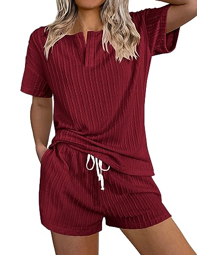 Ekouaer Ribbed Knit Lounge Sets for Women 2 Piece Outfits Short Sleeve Top and Shorts Pajama Sets Tracksuit Sweatsuits Wine Red