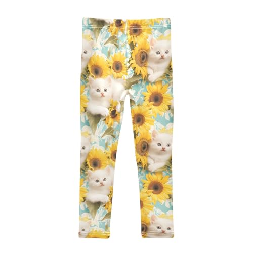 White Cat Sunflowers 4 Girls Leggings Athletic Pants Tights Stretch Bottom2