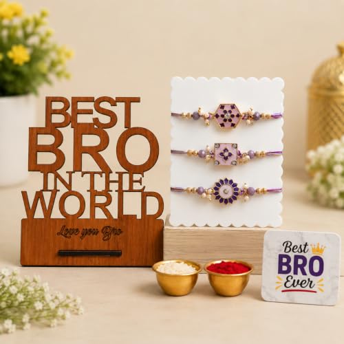Image of ecraftindia Rakhi Gift Set for Brother with 3 Designer Purple Rakhis, Best Bro Wooden Showpiece Stand, Best Bro Ever Fridge Magnet, Roli Chawal | Raksha Bandhan Gift Combo for Bhai