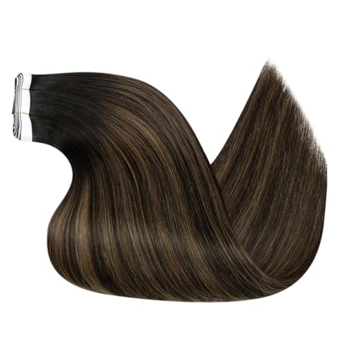 Image of LaaVoo Tape Weft Hair Extensions Balayage Brown Genius Weft Tape in Extensions Darkest Brown to Light Brown Tape in Hair Extension Real Human Hair Invisble 20inch 4pcs 120g