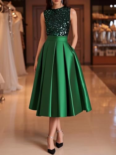 CWOAPO Satin Mother of The Bride Dresses Tea Length Sleeveless Sparkly Sequin A Line Formal Cocktail Dress with Pockets4