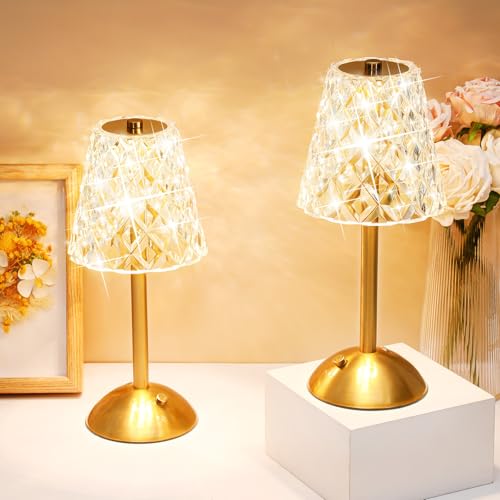 Image of Liliful 4 Pcs Cordless Table Lamp Rechargeable Touch LED Small Gold Portable Battery Operated USB-c Desk Lamp 3 Color Dimmable for Bedroom Living Room Dining (Gold,Diamond Style)