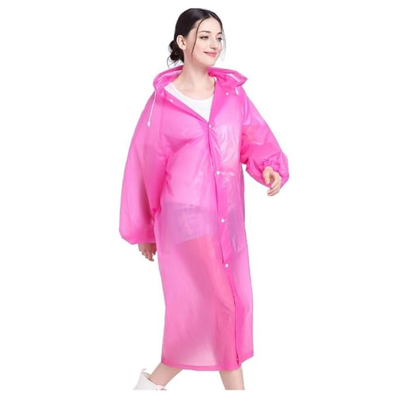 Image of Women EVA Plain Transparent Rain Coat Hooded Outdoor Water Resistant Portable Raincoat Suit (Pink)