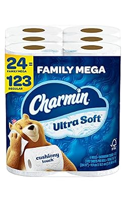 Charmin Ultra Soft Cushiony Touch Toilet Paper, 24 Family Mega Rolls = 123 Regular Rolls