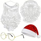 BigOtters Santa Costume Accessory, 3pcs Christmas Set with Glasses, Deluxe Long White Santa Claus Beard and Wig for Men Women Cosplay Dress up Props