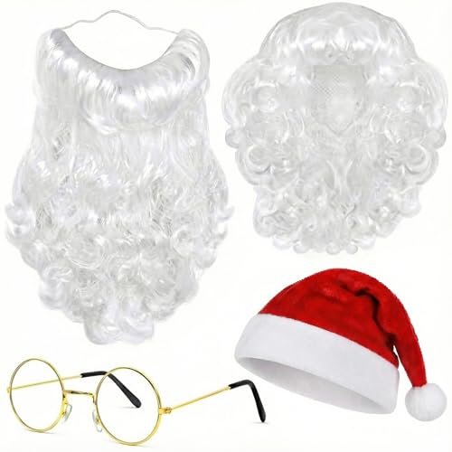 BigOtters Santa Costume Accessory, 4pcs Christmas Set with Glasses, Xmas Hat, Deluxe Long White Santa Claus Beard and Wig for Men Women Cosplay Dress up Props